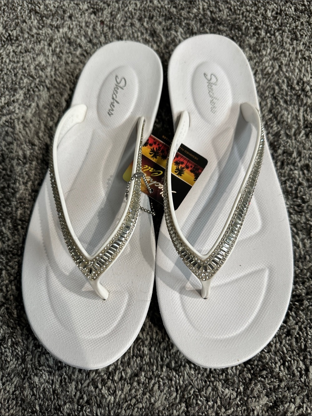 Skechers White Rhinestone V-strap Sandals